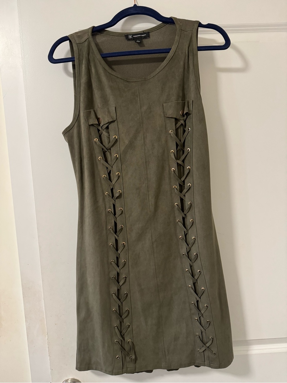 INC International Concepts Olive Green Lace-Up Sleeveless Shift Dress